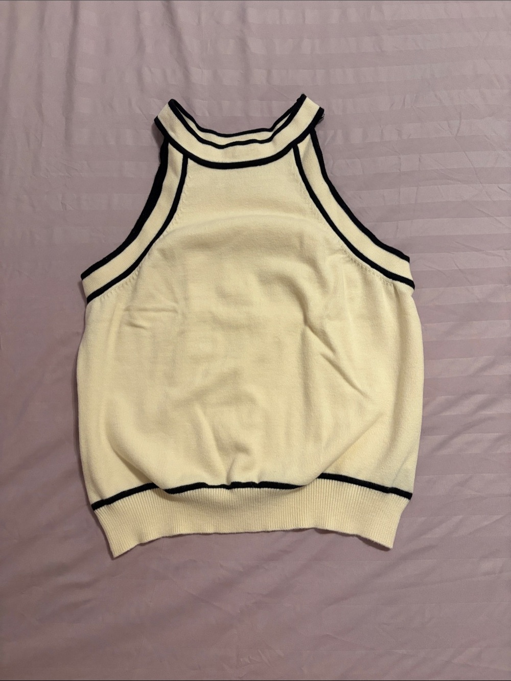 Cream Halter Knit Tank with Black Contrast Trim